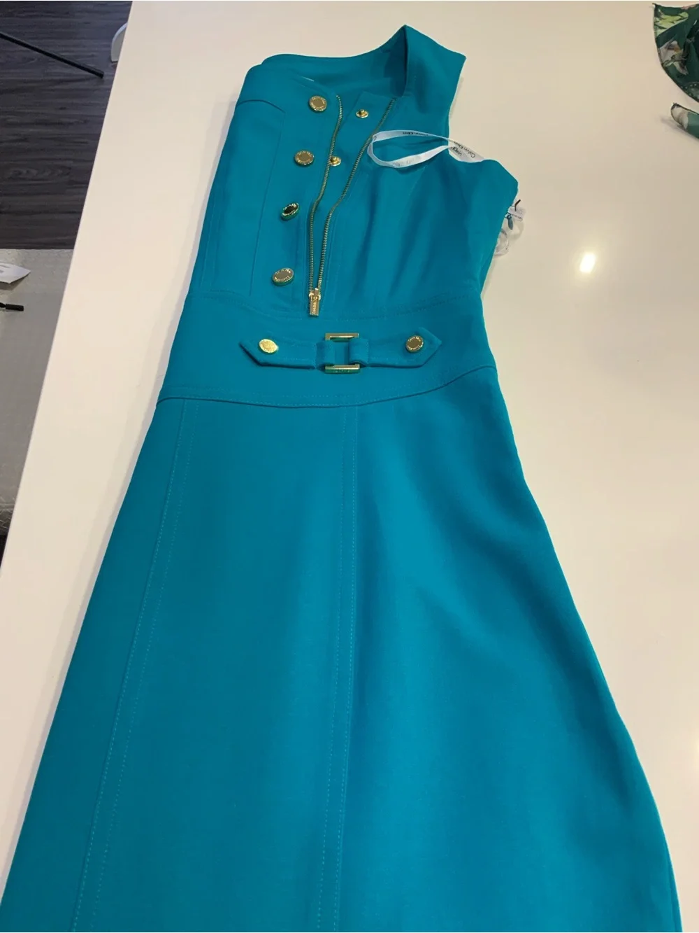 Calvin Klein Teal Sheath Dress with Gold Buttons